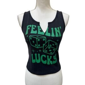 Vinyl Icons Feelin Lucky Tank Top Black Green Women's Size Medium